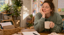 A woman trying to stay on top of things, with a basket of papers, a notebook on a table. She is holding a cup of tea.