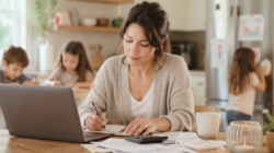 A mom budgeting for real life with her kids in the background