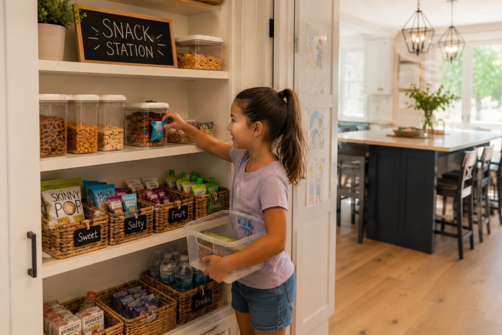 girl getting snacks independently from pantry