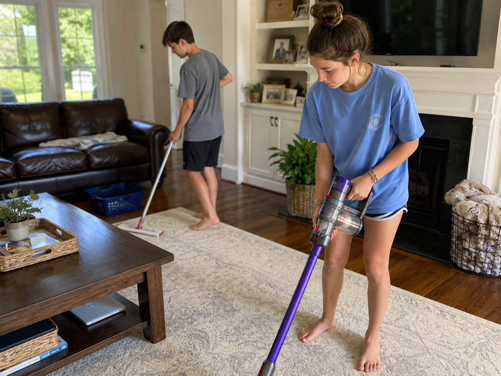 kids cleaning the house