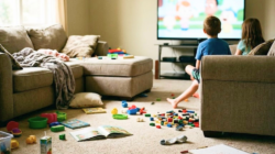 Kids watching TV in a messy living room