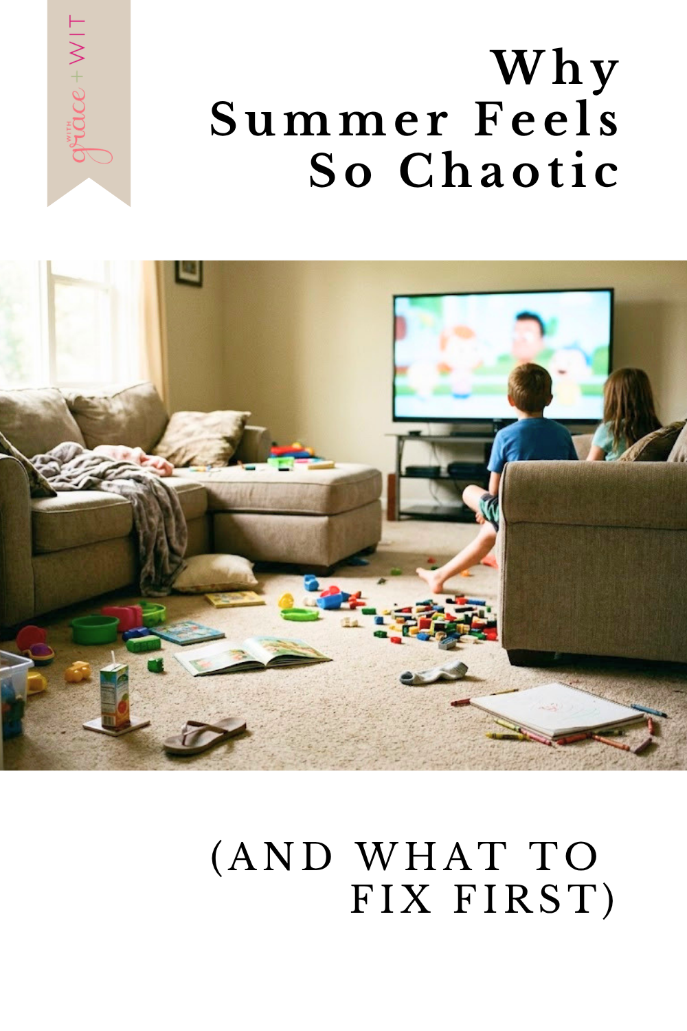 Kids watching TV in a messy living room