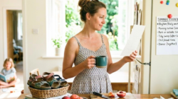 woman in kitchen looking at a list