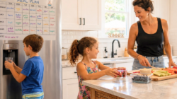 Mom and two kids getting snacks in the summer