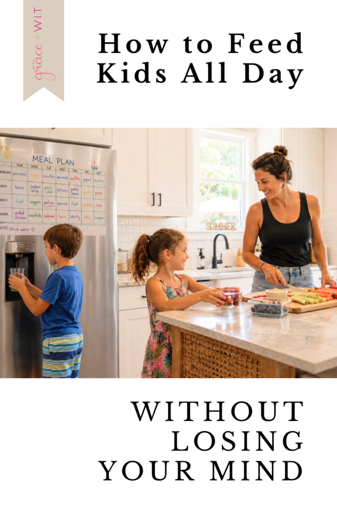 Mom making summer snacks with two kids. 