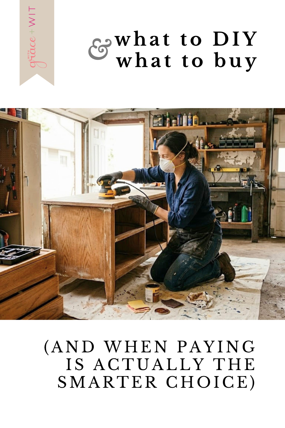 Woman refinishing a DIY project in a garage.