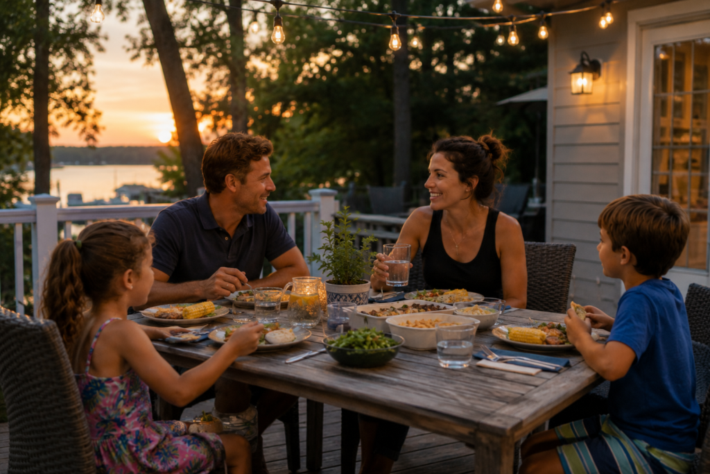 Family dinner outside with setting sun.