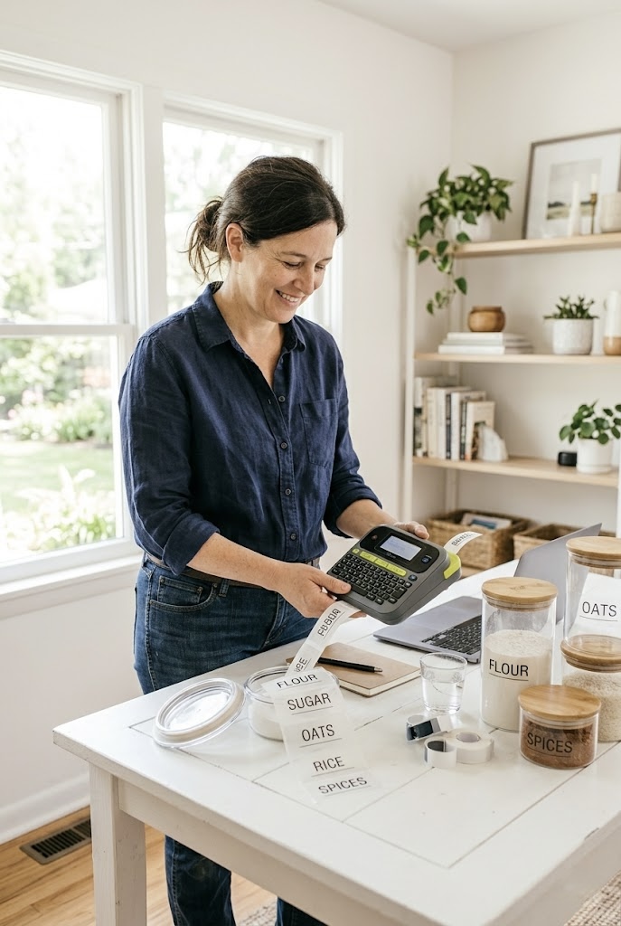 Woman printing pantry labels at home. 