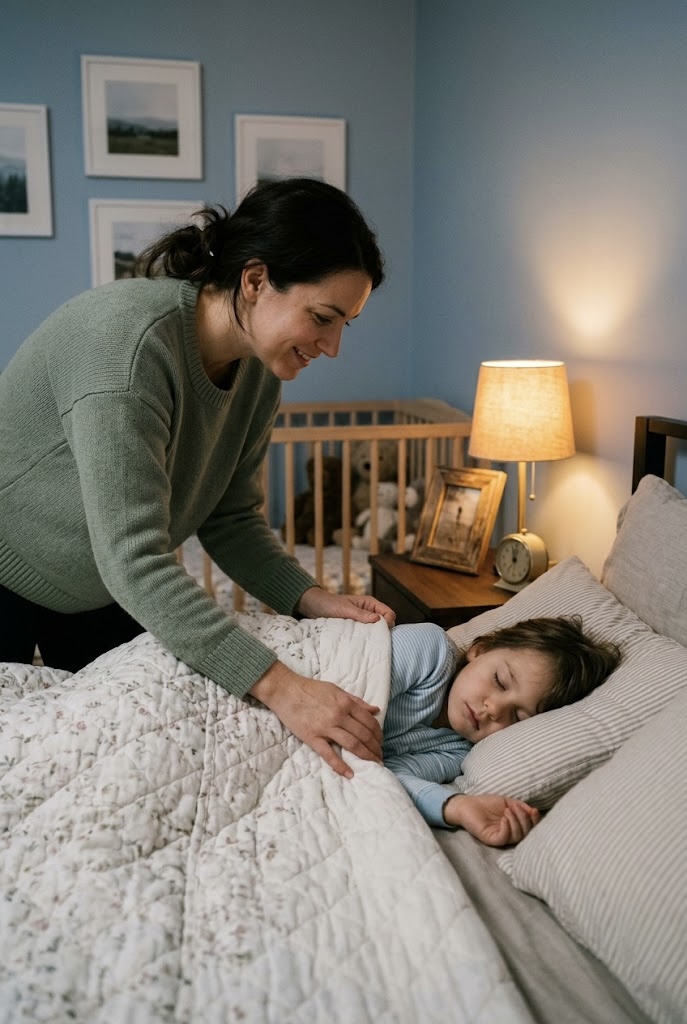 Mother tucking her daughter into bed after a calm day.