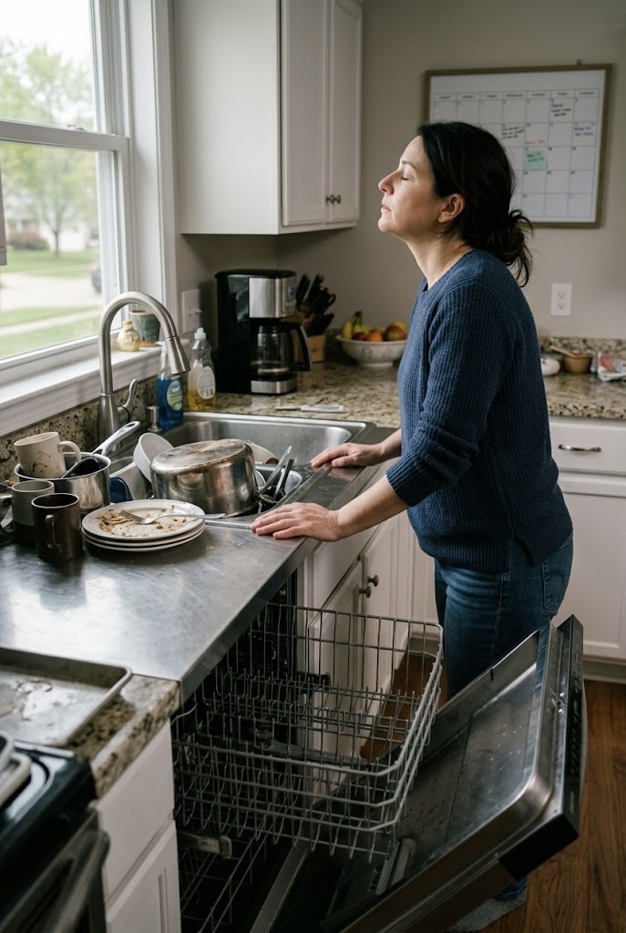Woman taking a breath at messy kitchen sink.