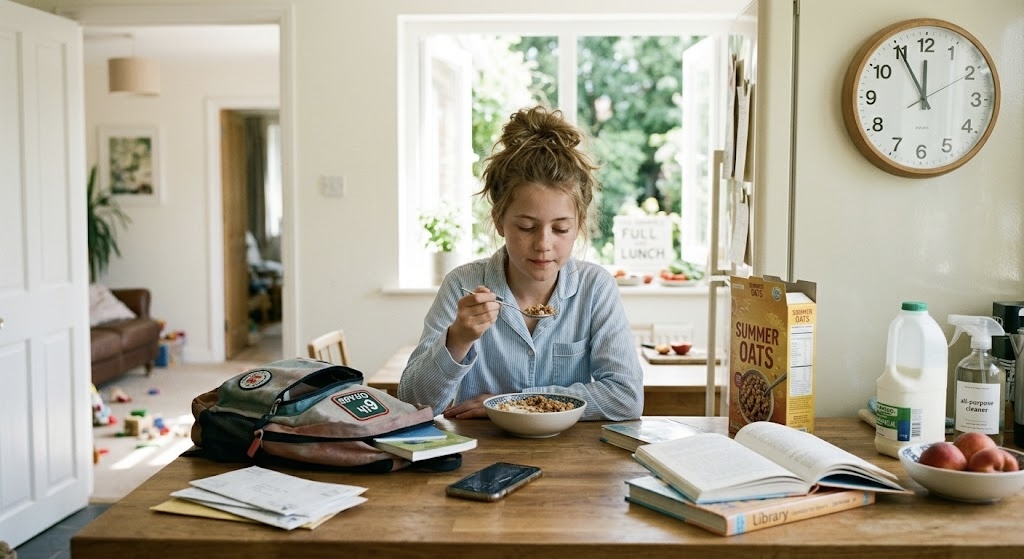 Girl eating a late breakfast in the summer.