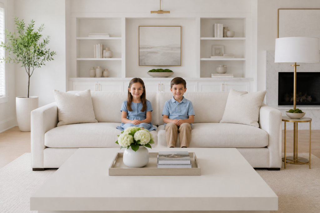 Girl and boy sitting on a couch, there is nothing out of place