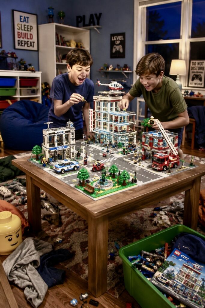 Two boys working on a large Lego build.