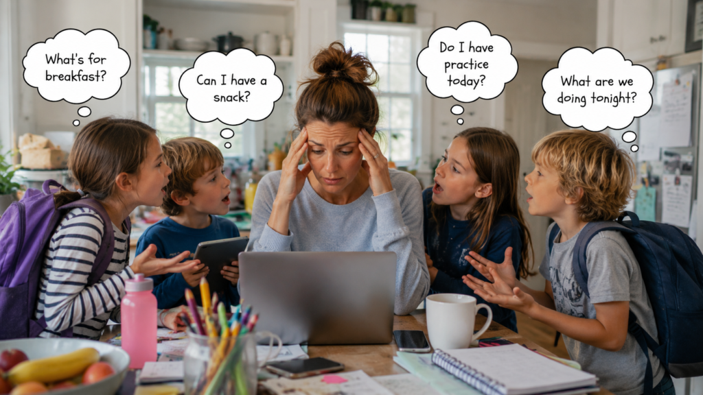 mom in the middle with two kids on either side asking questions.