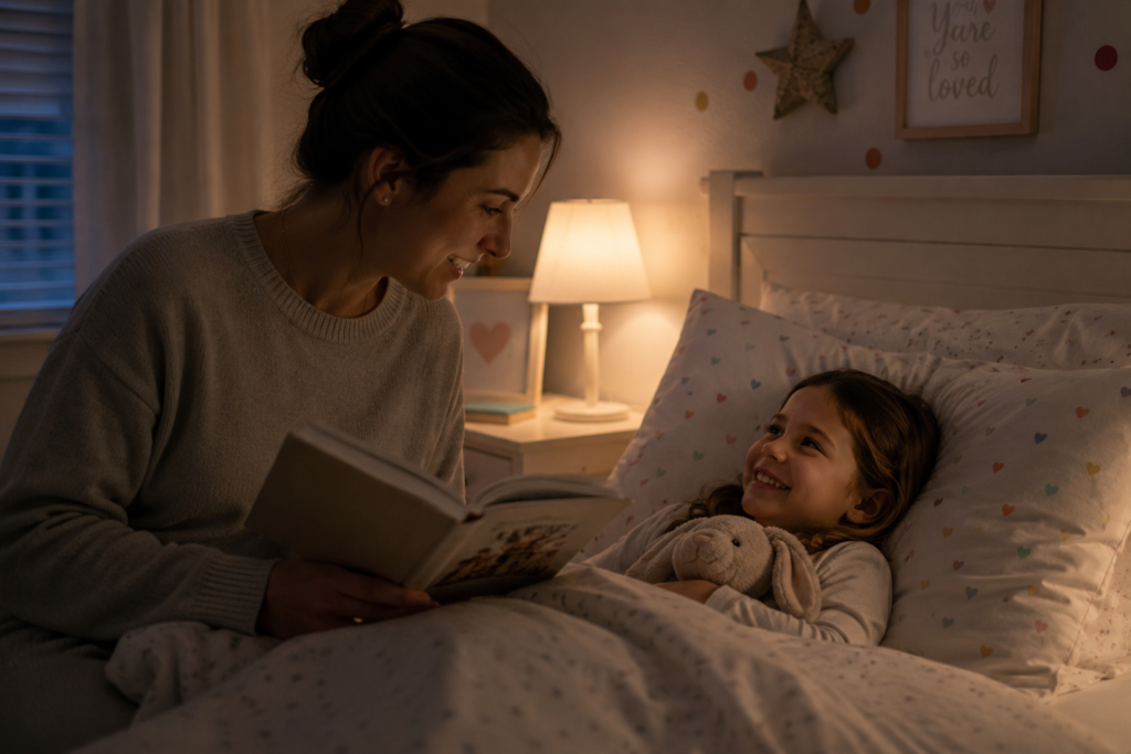 Mom reading daughter a bedtime story