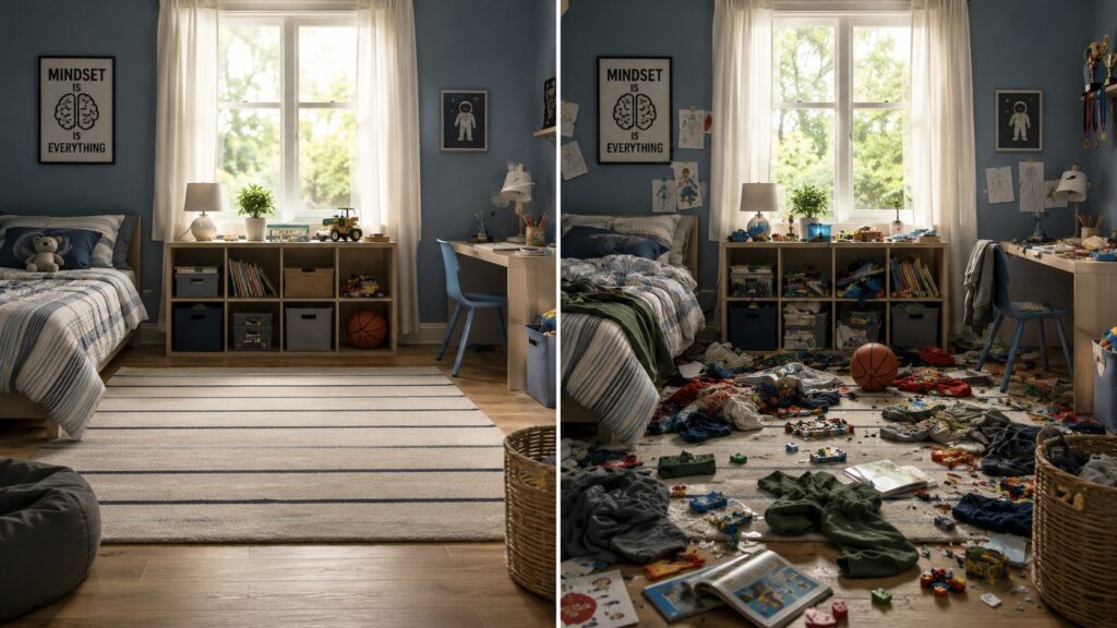 Side by side image of a blue kids bedroom. The left side is clean, the right side is messy.