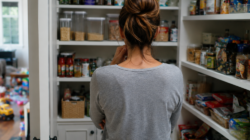 Woman overwhelmed look at a pantry full of food