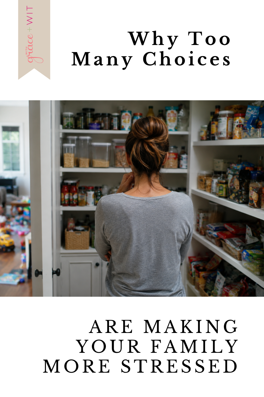 Woman overwhelmed look at a pantry full of food