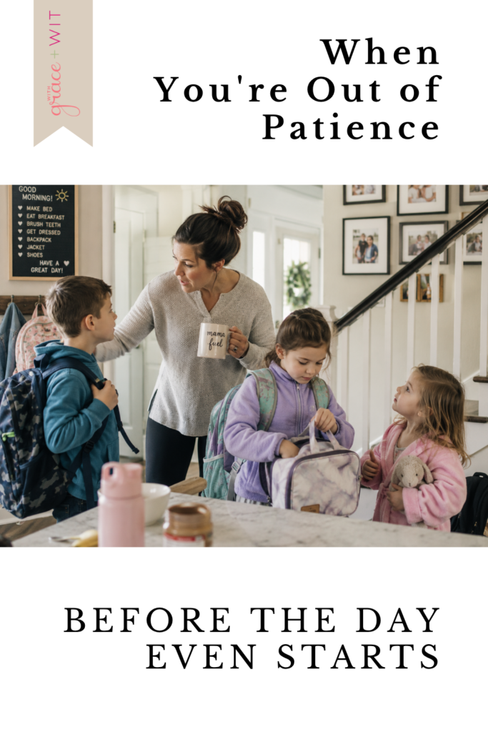 Mom helping three kids get ready before school.