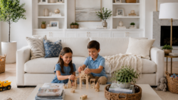 Boy and girl playing in the living.