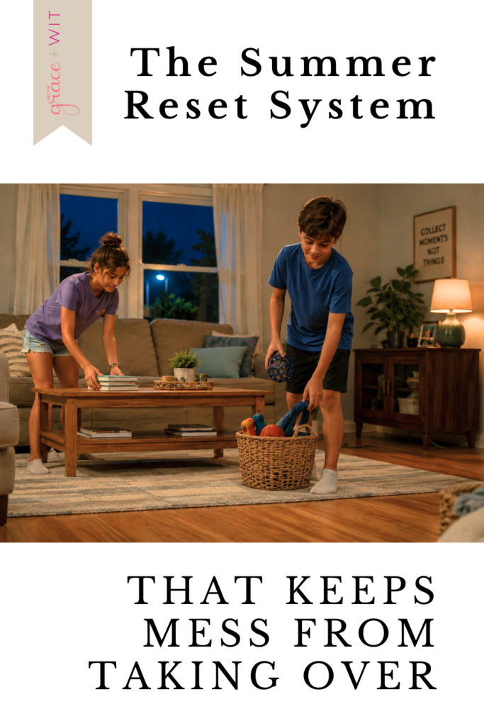 Two kids putting clutter away in a living room