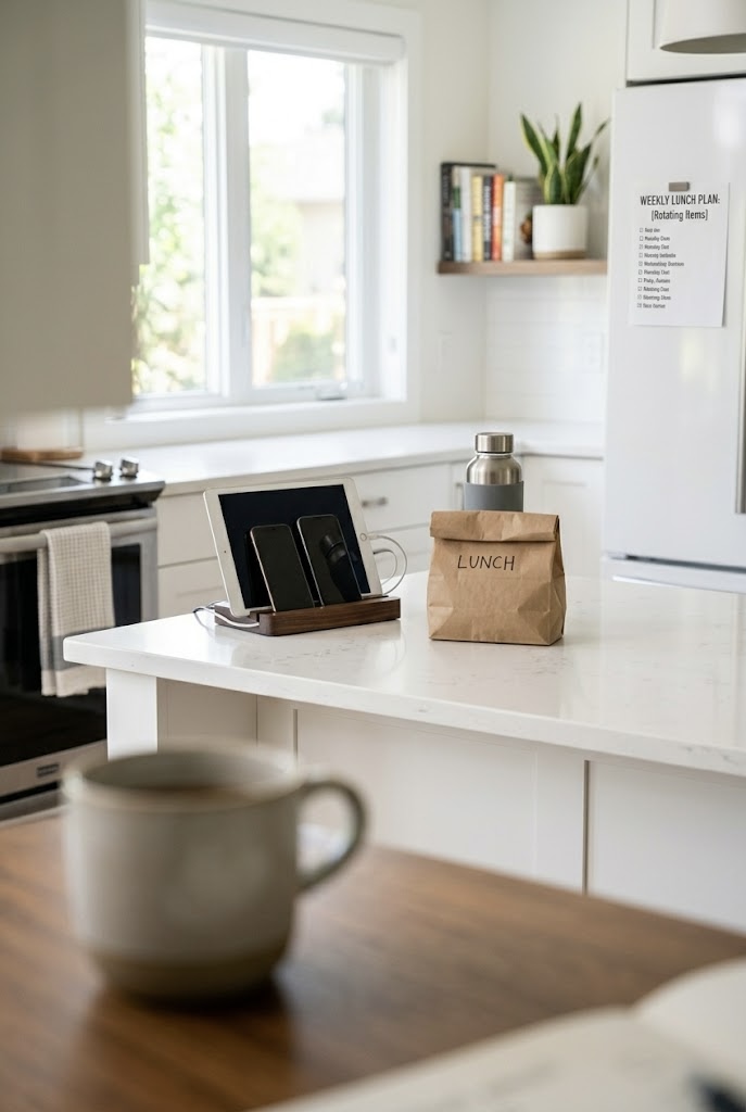 Kitchen with charging station and sack lunch