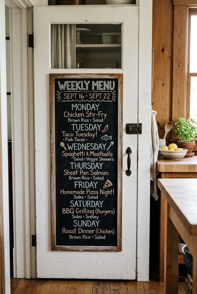 Pantry door with chalkboard weekly menu