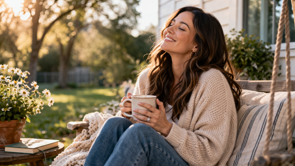 Woman sitting outside. She is smiling holding a cup of coffee.