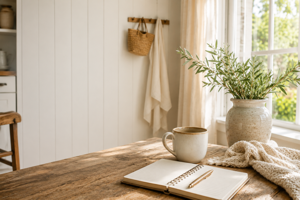 A wood table with a coffee table, and olive branches coming out of an opaque vase.