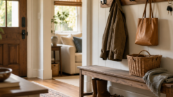 an entry way with hooks. The hooks have a couplets, a bag and coats.