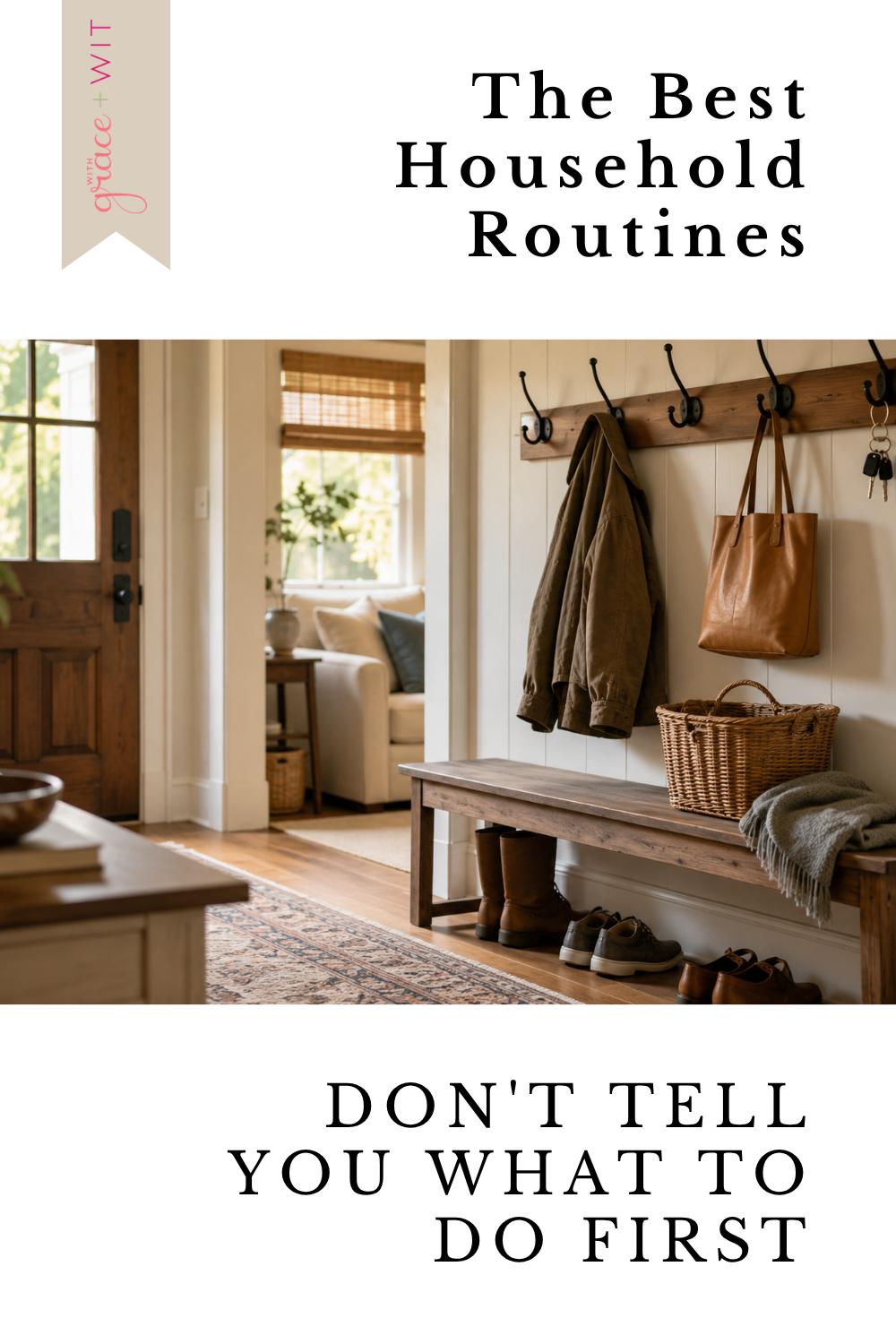an entry way with hooks. The hooks have a couplets, a bag and coats.