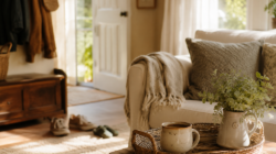A welcoming living room with a blanket over a chair, a mug of tea and lot of bright light