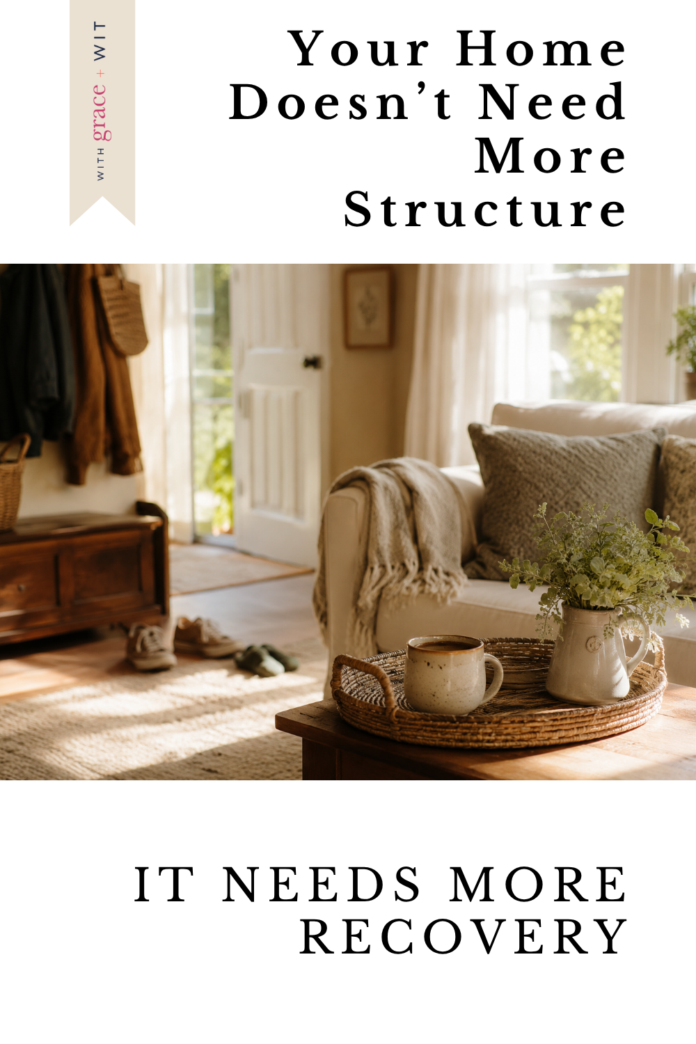 A welcoming living room with a blanket over a chair, a mug of tea and lot of bright light