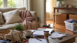 A photo of a messy and chaotic living room. With the words: Feeling overwhelmed as a mom, stop trying harder