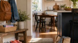 a picture of a normal house, with backpacks on hooks and a kitchen table in the background.