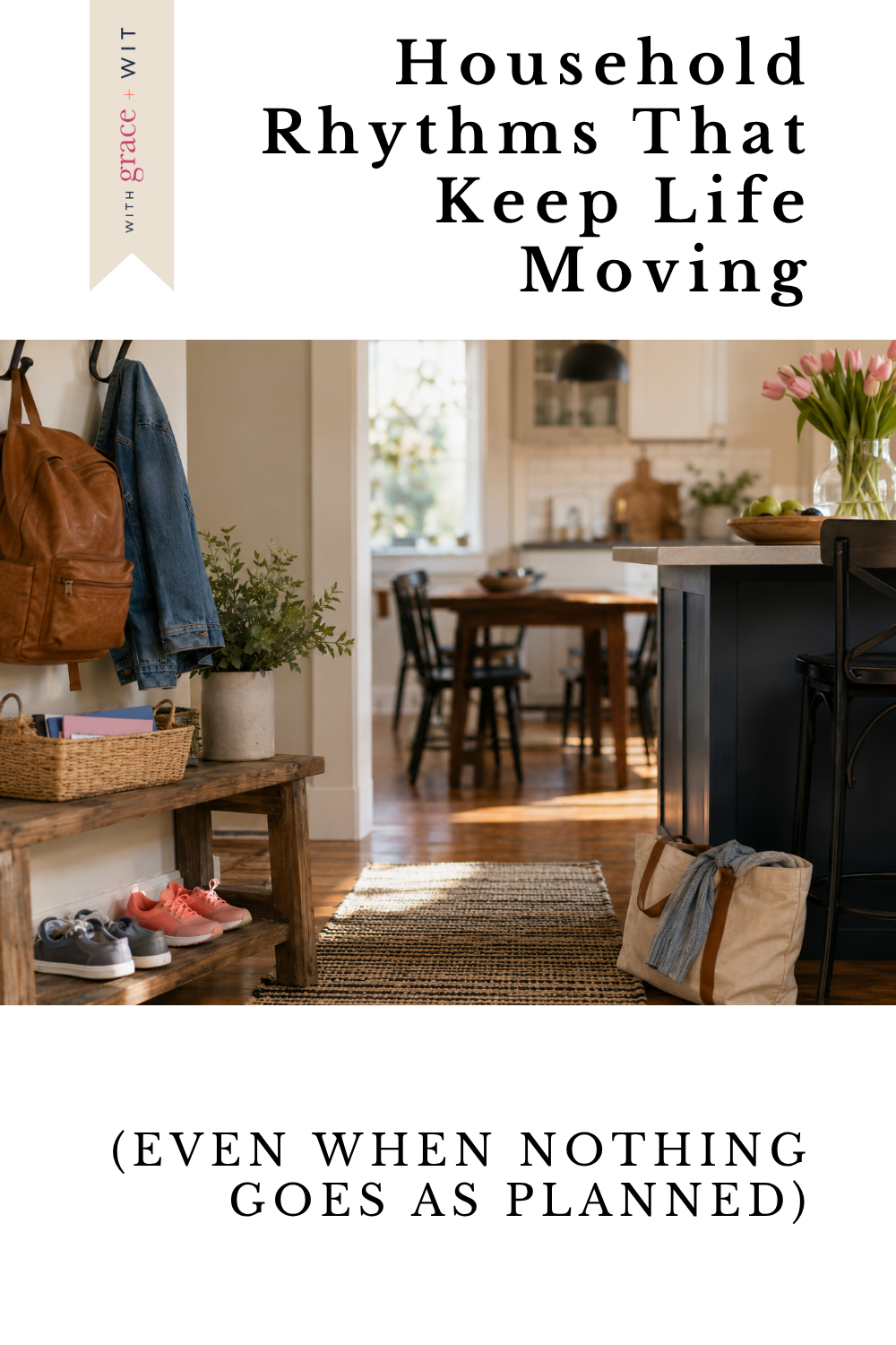 a picture of a normal house, with backpacks on hooks and a kitchen table in the background.