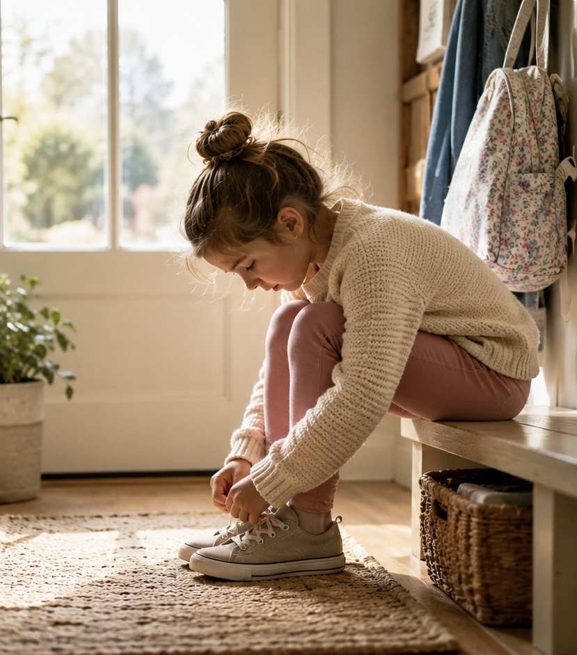 Girl tying her shoe. 