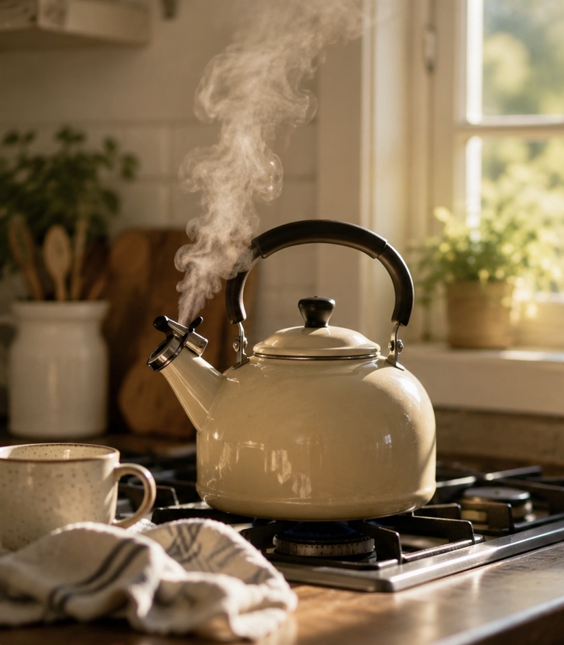tea kettle seaming on stovetop.