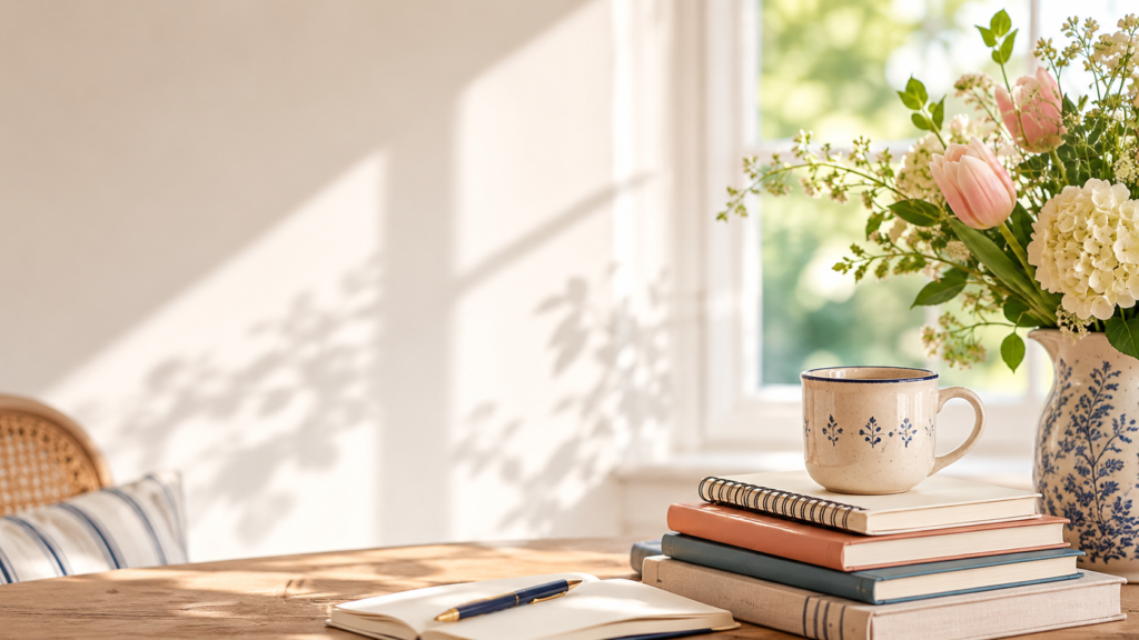 teacup on books with some flowers on a vase. There are shadows on the wayll