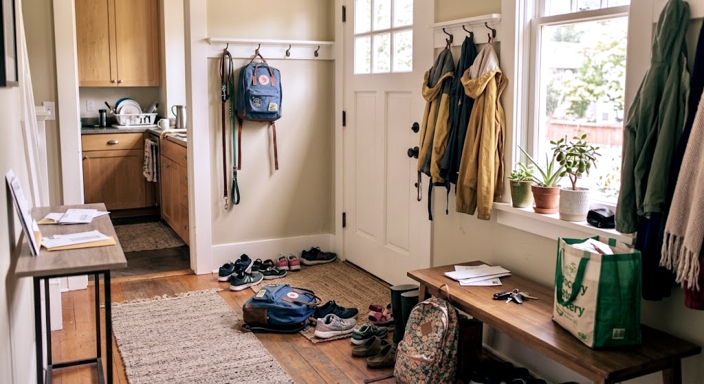 A messy entry way with backpacks on the floor.