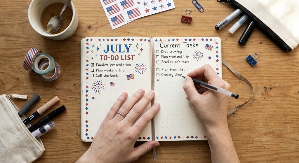 a woman working on July bullet journal