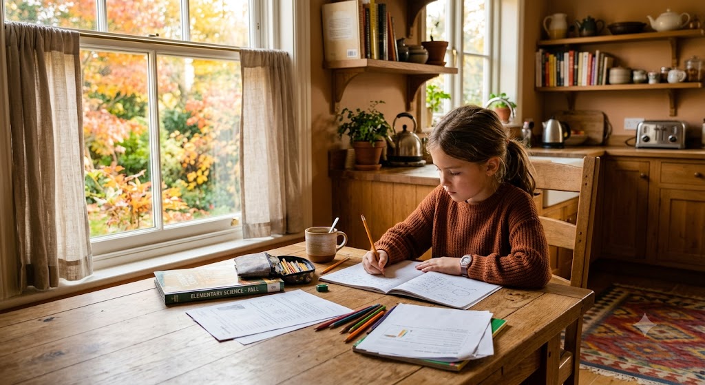 girl sitting at wooden table doing homework. 