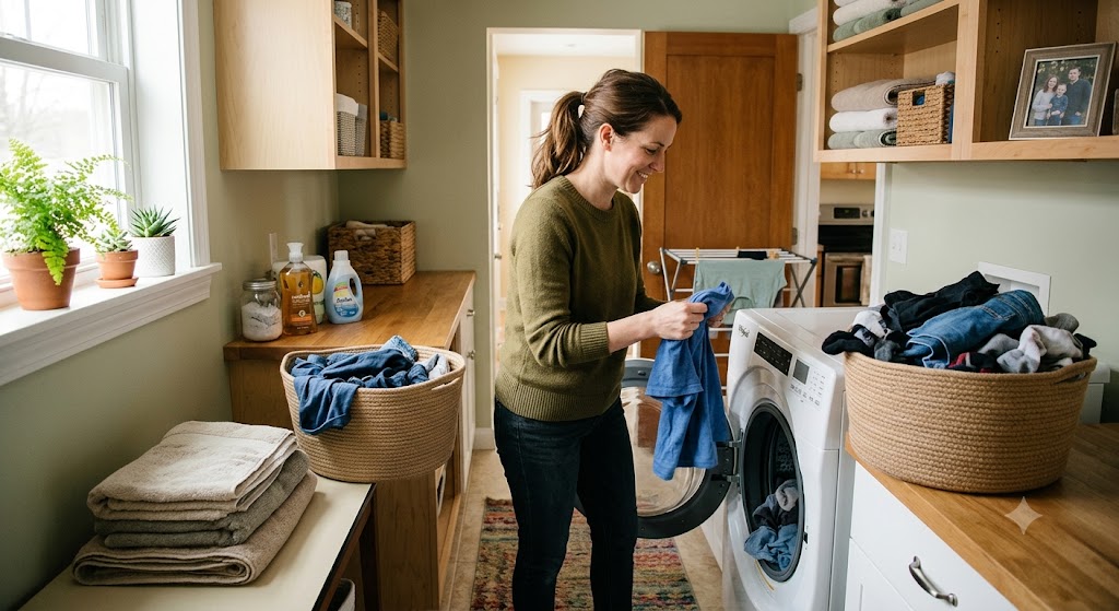 Woman doing laundry in a laundry room.