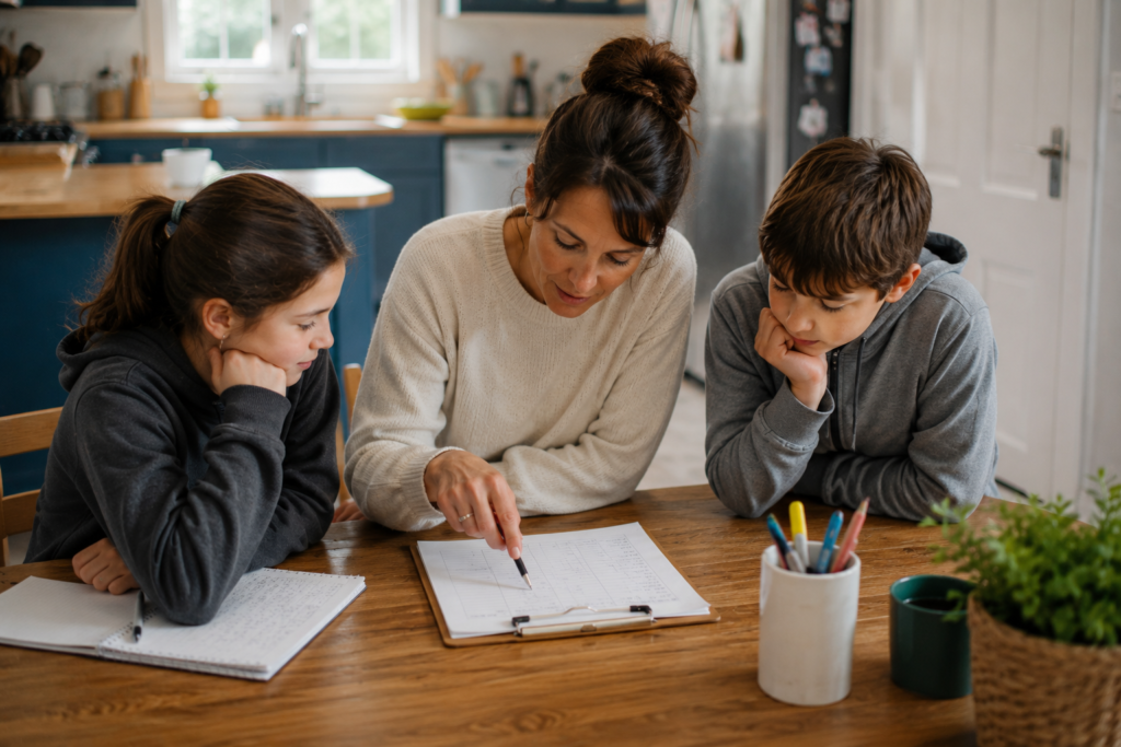 Mom helping son and daughter work at a table. There is a paper they are working on.