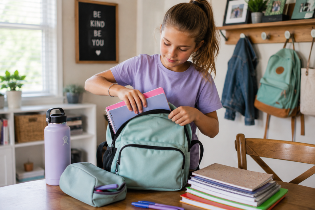 girl putting folders in a blue/teal backpack.