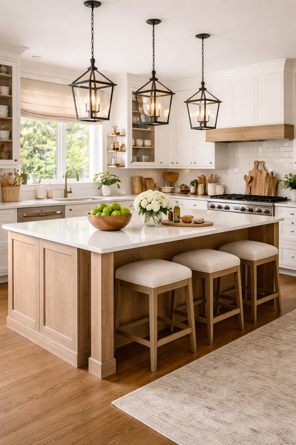 a kitchen with island and three pendant lights