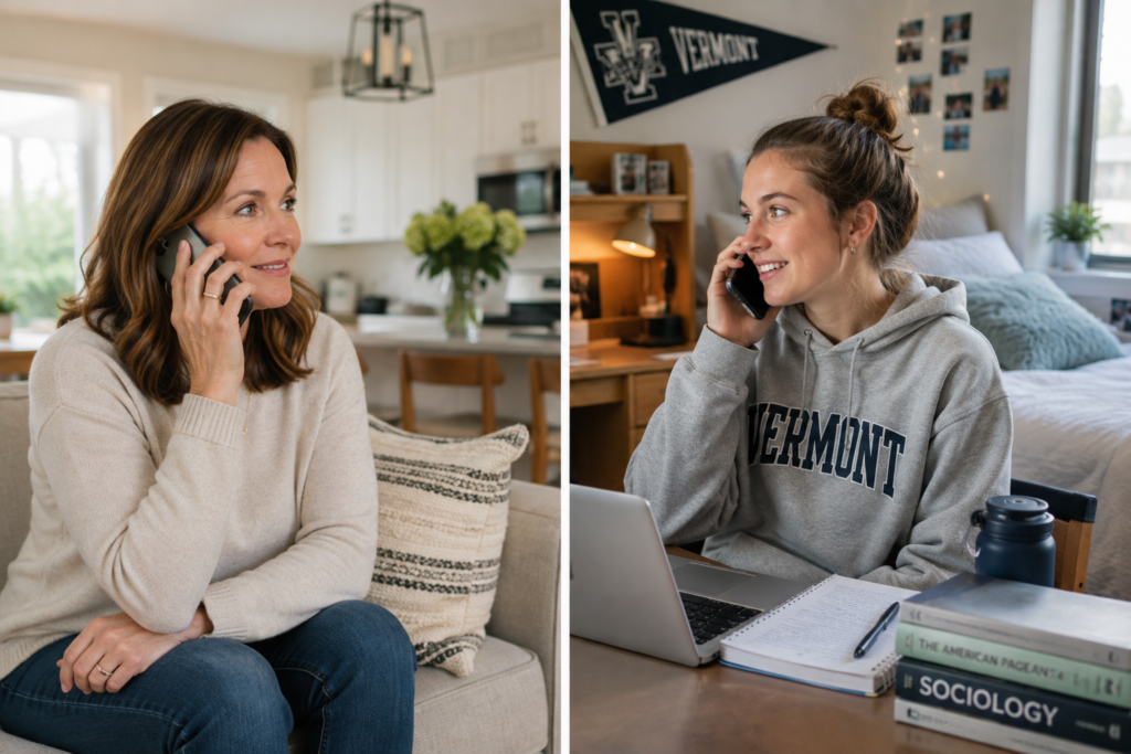 Woman sitting on couch talking on phone. The image is split down the center. There is a girl on the right in a dorm room. She is also on the phone.