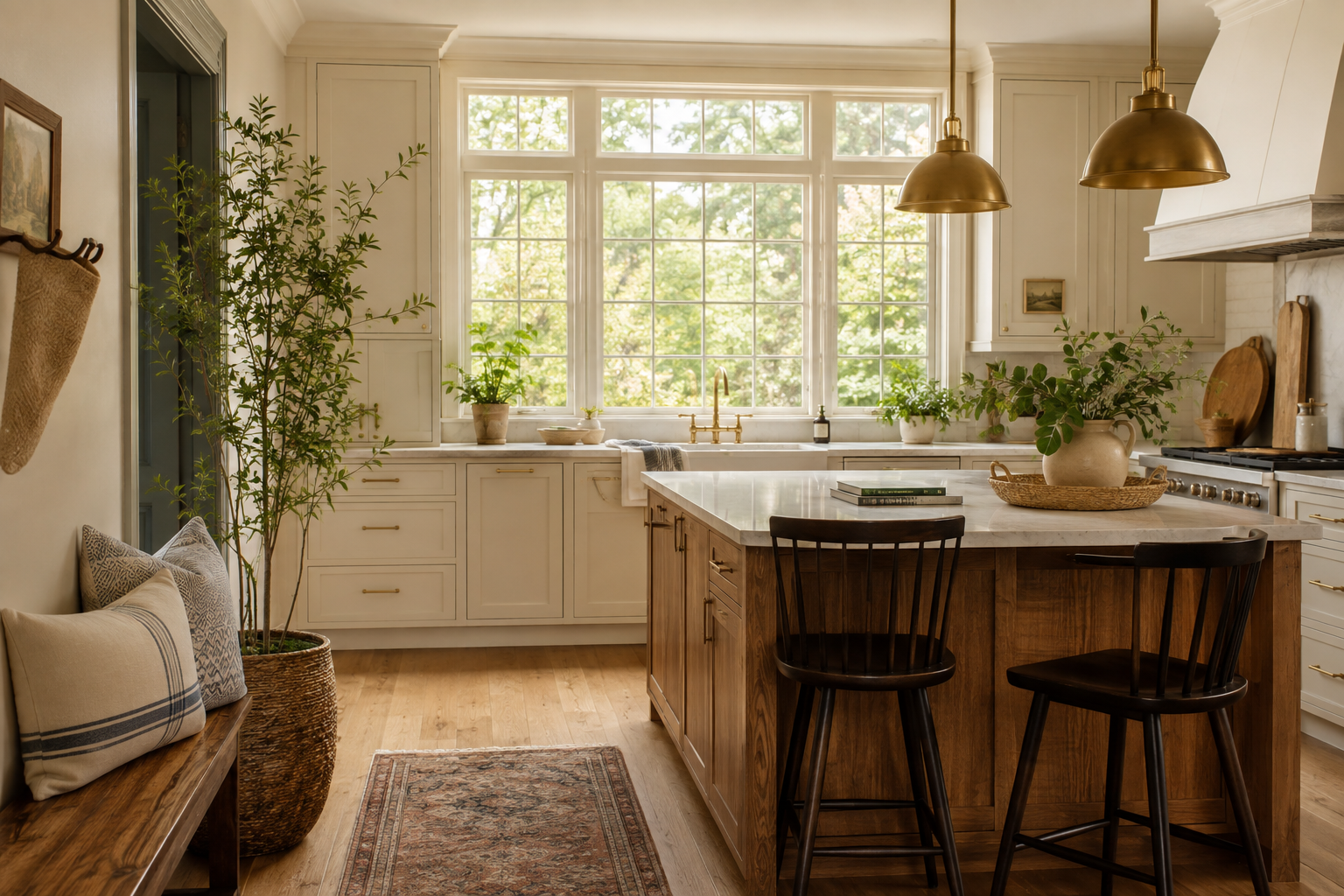 white kitchen with gold/brass accents and a wooden island in the middle.