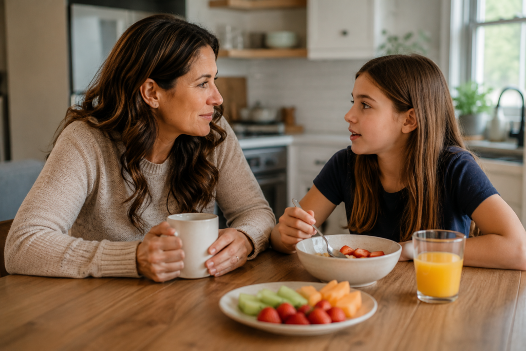 Mother holding a cup of coffee, talking to daughter over breakfast.