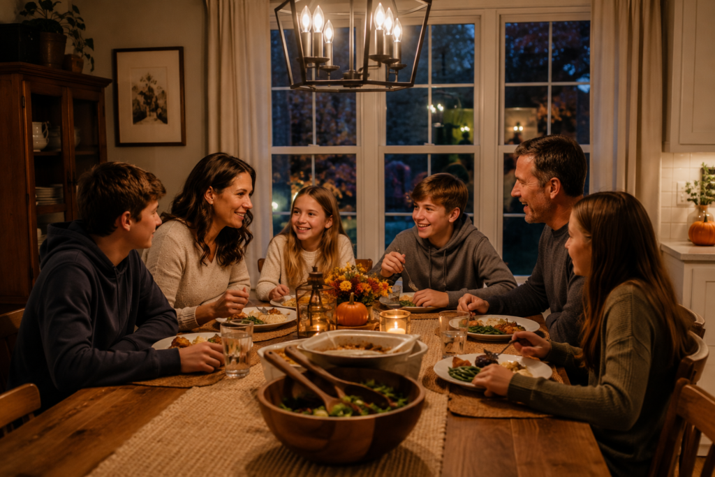 A family of 6 eating around the dinner table.
